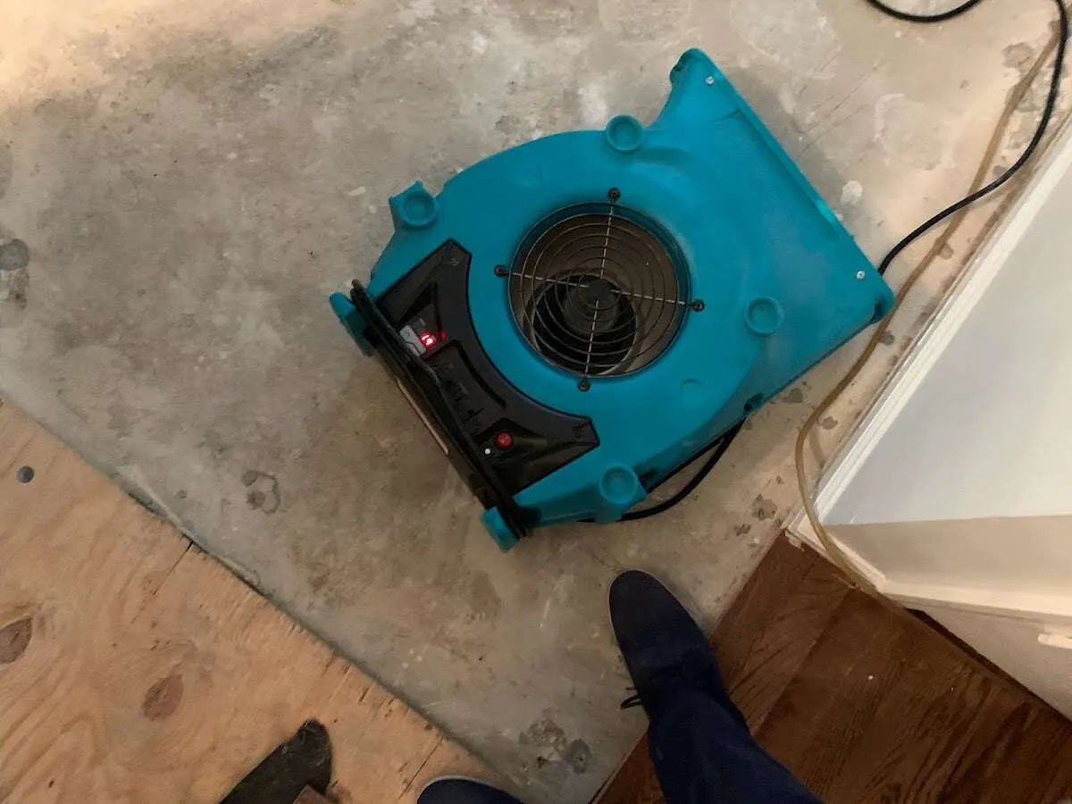 Air mover drying subfloor during Commercial Water Damage Restoration in La Habra Heights